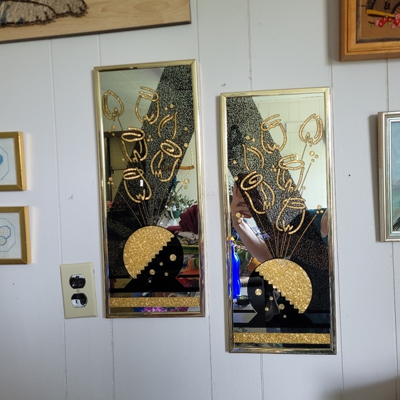 Vintage Other - Vintage 80s Crystal Art Gold Black Mirrored set of 2 Framed Wall Hangings